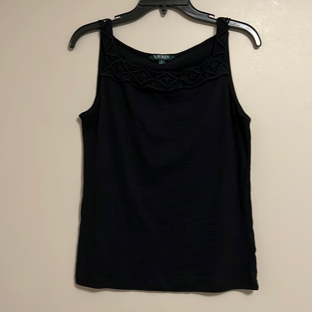 Lauren Ralph Lauren Square Crochet Neckline Black Tank Size‎ Medium